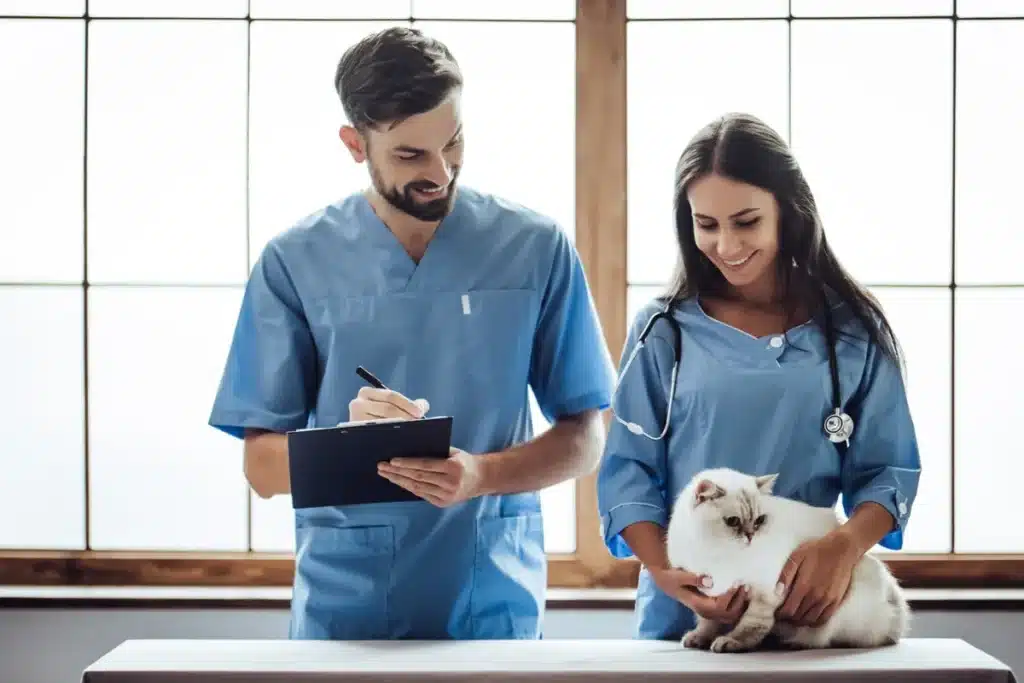 Examen médical et diagnostic détaillé dans un cabinet vétérinaire moderne.