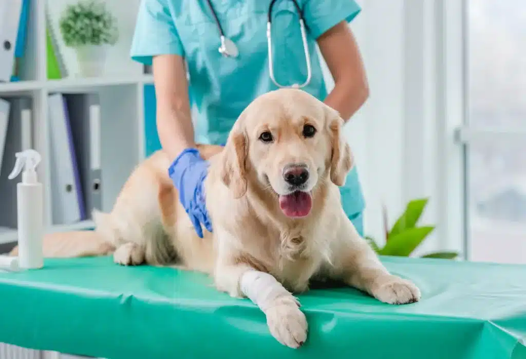 golden retriever en convalescence sur une table d'hôpital vétérinaire.